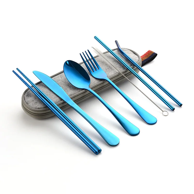 Colorful Flatware Portable Eco-friendly,Knife Fork and Spoon Straw Stainless Steel Travel camping Cutlery set