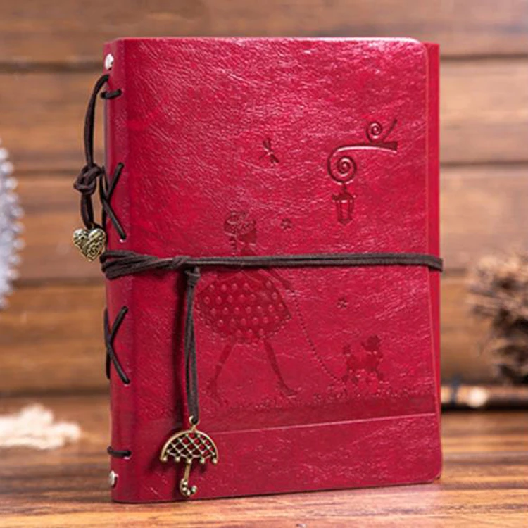 18*22cm 60 Pages Vintage Journal Handmade Diary Embossed Red Leather Photo Album DIY PU Scrapbook