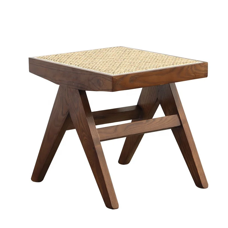 Nordic Modern Design Solid Wood Cane Ottoman Natural Portable Dining Side Chair Wooden Living Room Square Stool