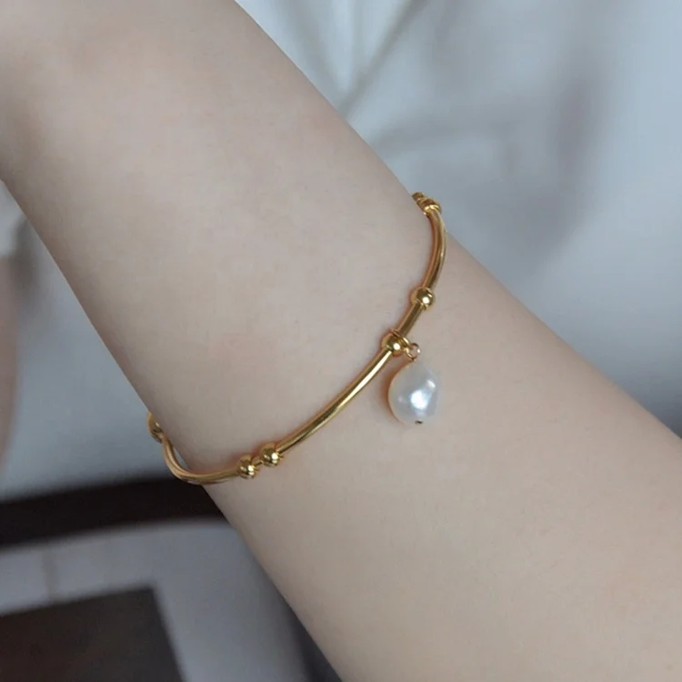  Wholesale Non Tarnish Gold Plated Stainless Steel Jewelry Beads Bangle Bracelet Open Cuff Freshwater