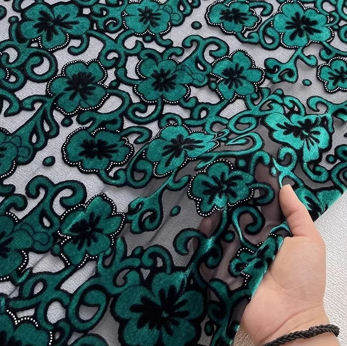 Pure mulberry silk 10mm basic ground rayon viscose burn-out velvet fabric 50g with rivets decoration for ladies nice dress,qipao