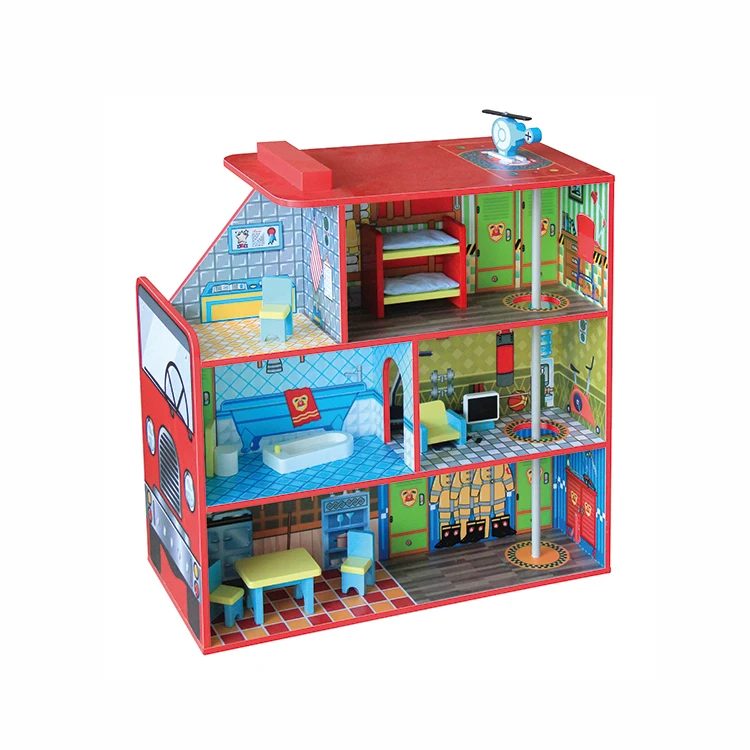 Fashion Big Children Girls Educational Fire Station 2 In 1 Wooden Doll House Toy Set For Kids