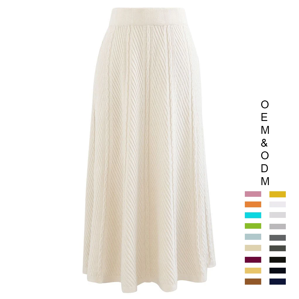 Knitwear manufacturer Custom design ladies elegant white long skirt casual women cable knit midi skirts for women sweater