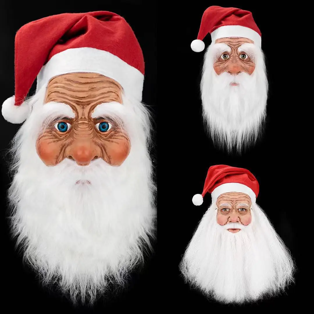 christmas decoration cosplay santa claus latex hood christmas party white beard old man mask