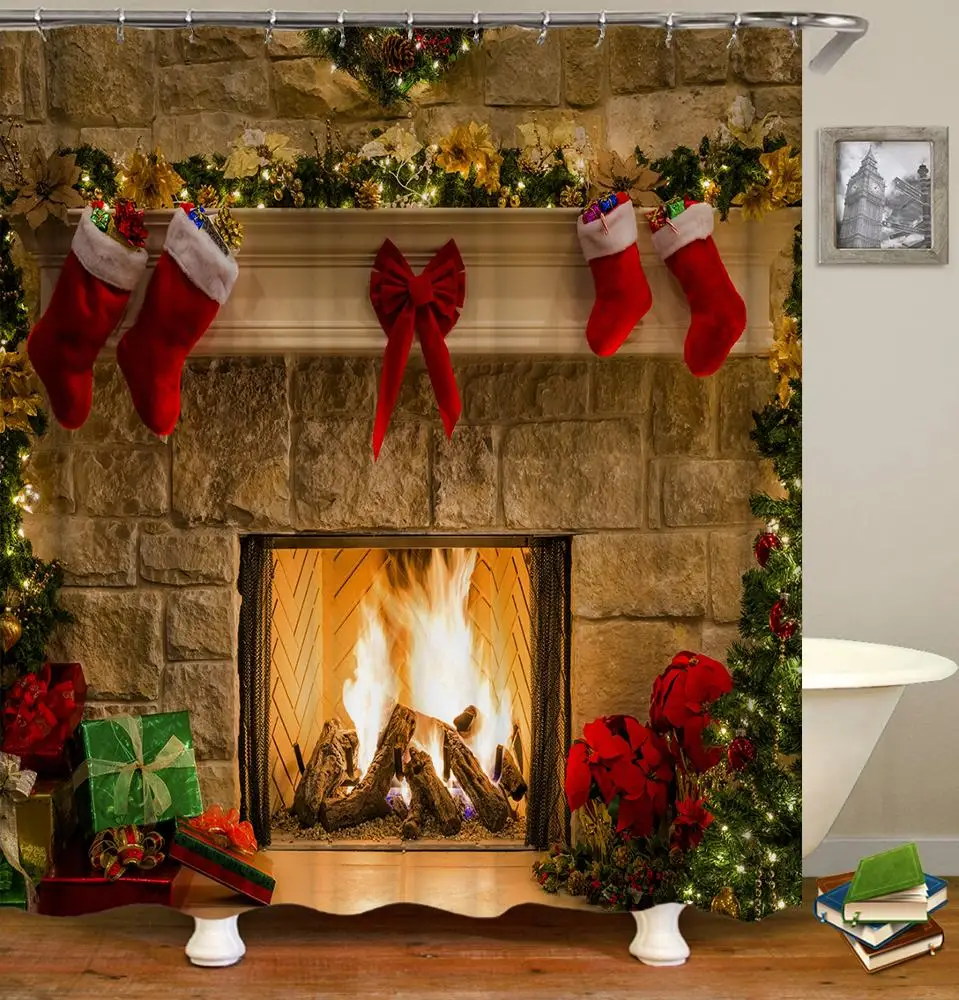 
Home Bath Wholesale 3D Custom Polyester Fabric Christmas Shower Curtain 