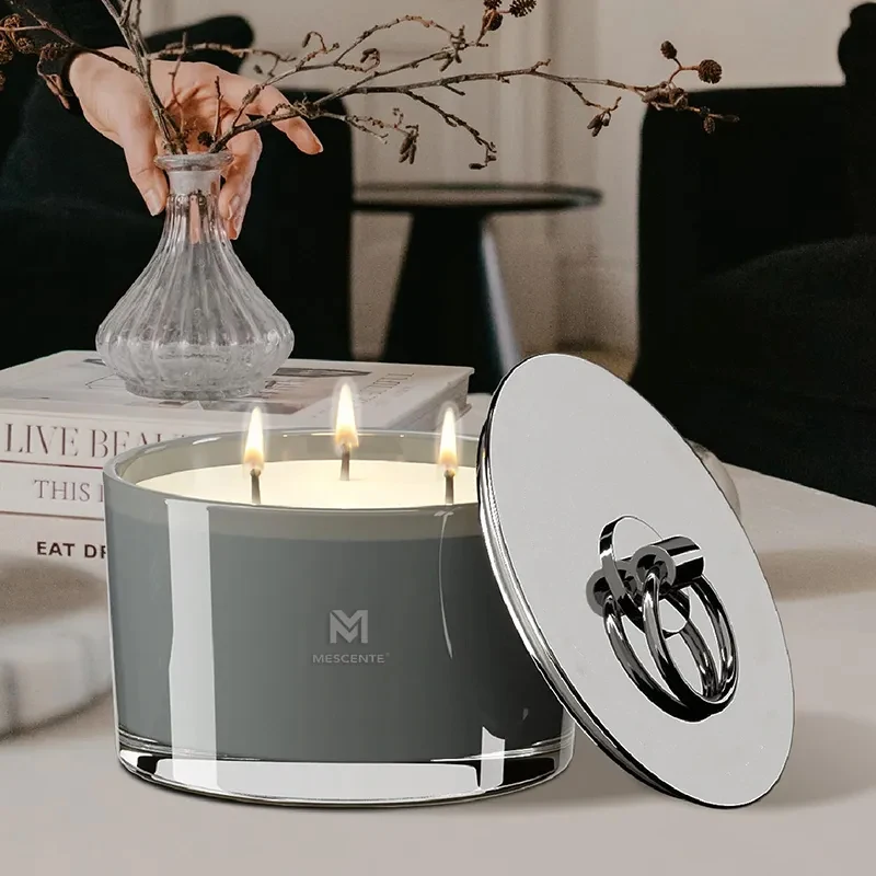 Mescente wholesale custom handmade luxury christmas scented glass candles vessel jar 3 wicks soy wax candles