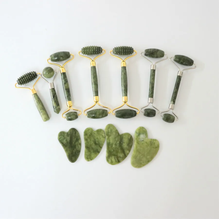 Private Label genuine natural nephrite facial green jade face roller and gua sha massager