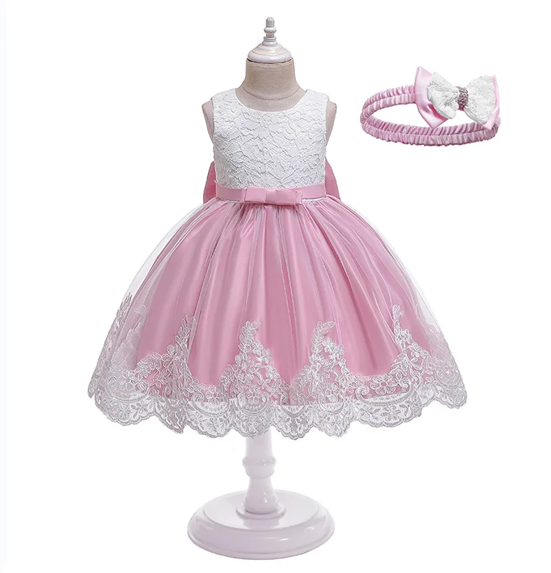 High quality girl long skirt bow lace dress evening dress kids birthday wedding party dress