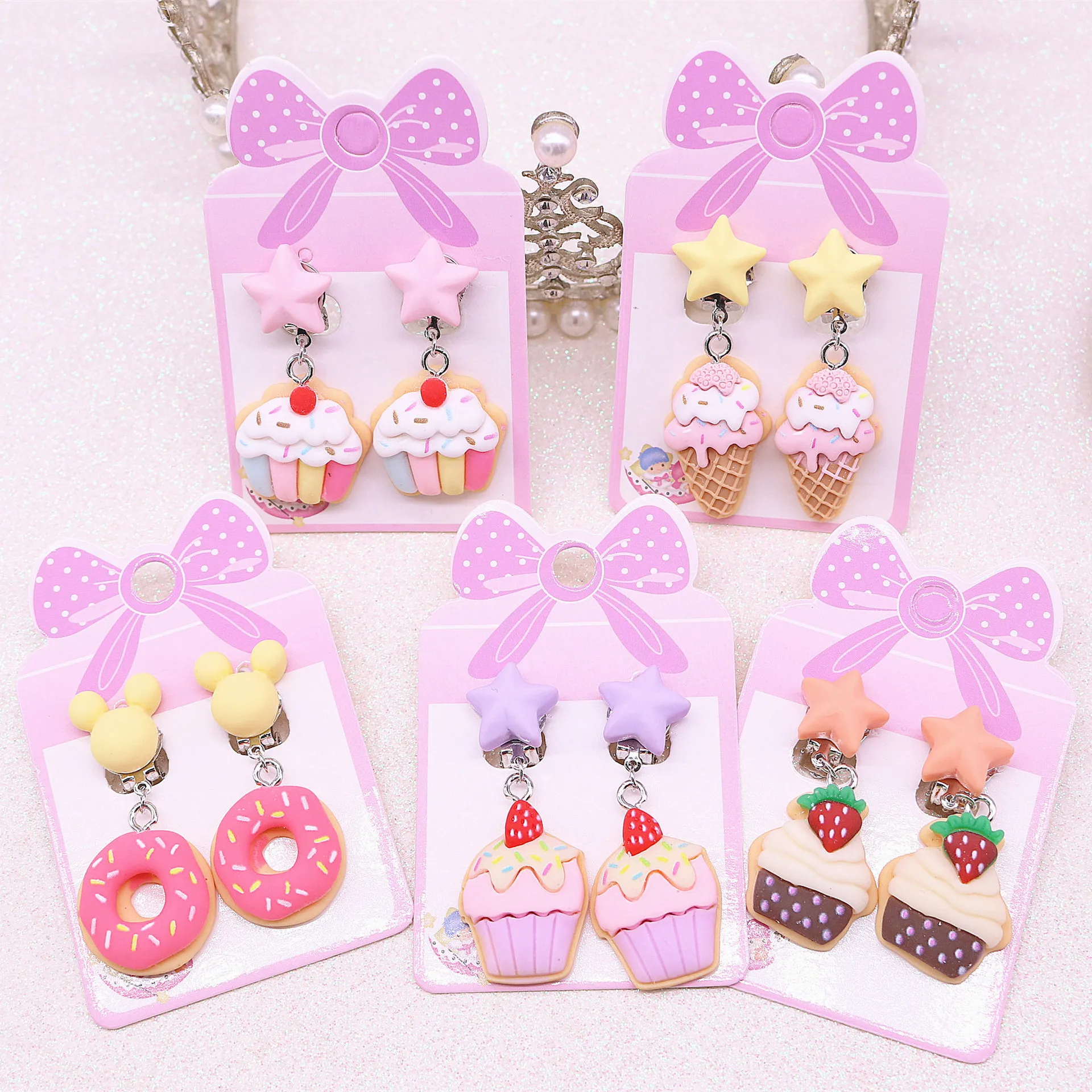 Children Ear Clip No Pierced Jewelry Cartoon Ice Cream Cake Donuts Pink Cute Earrings For Girls Kids