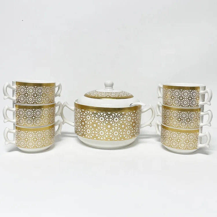 Wholesale 15pcs Ceramic Soup Set 6pcs Porcelain Bowl with Arabia Decoration Large Soup Pot with Spoon Tableware
