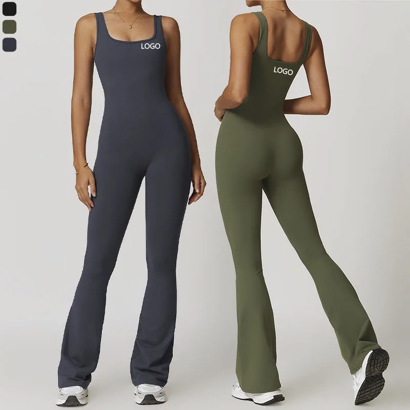 XW-DLT8664 Wholesale One Piece Workout Plus Size Yoga Flared Jumpsuit Backless Soft Fabric Gym Sportswear For Woman