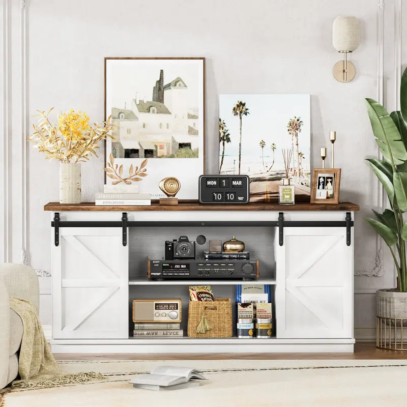 Kainice farmhouse living room furniture customized tv stand storage cabinet white wood display cabinets