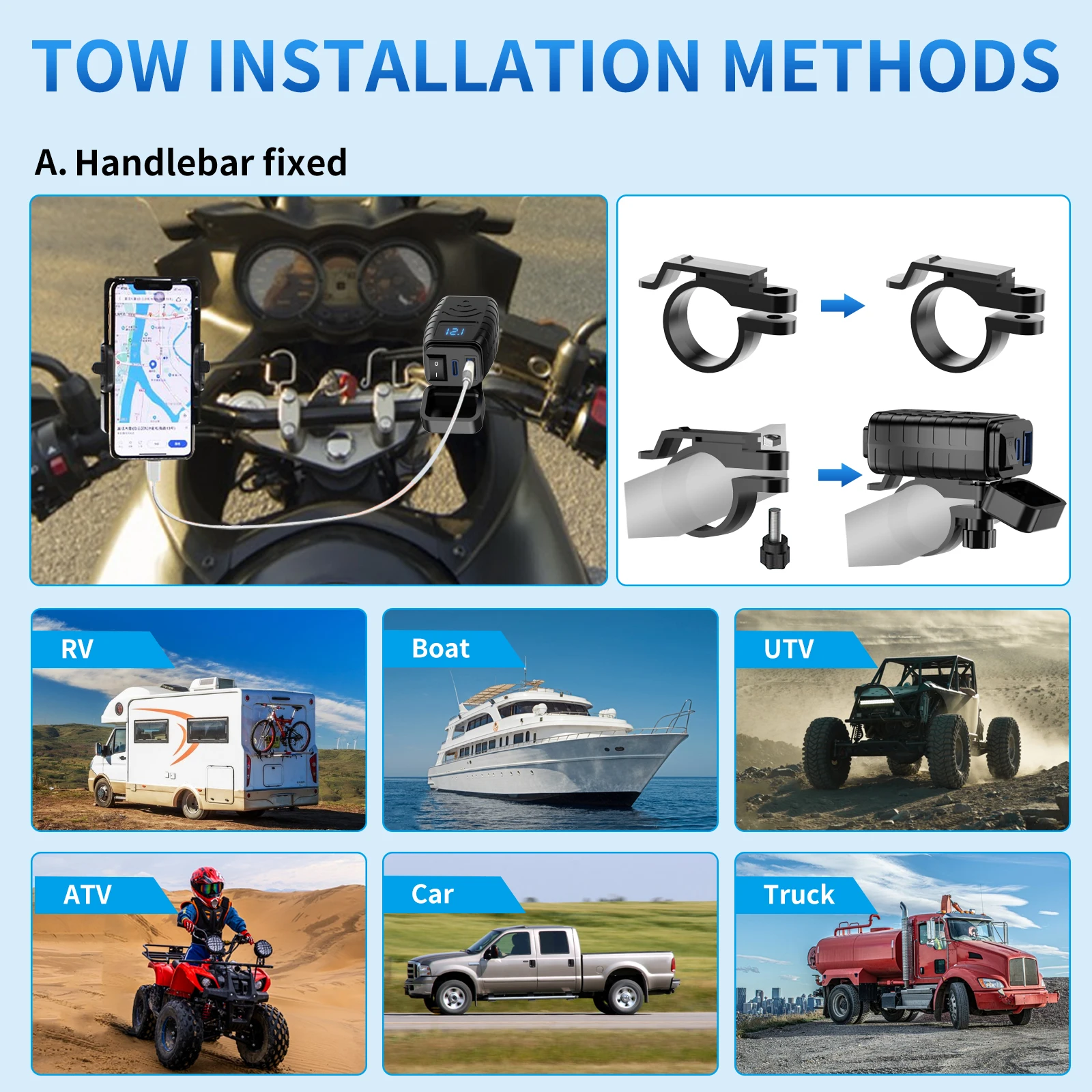 Motorcycle USB Charger QC3.0 Handlebar Fast Charging Waterproof 12V Socket Adapter With Voltmeter