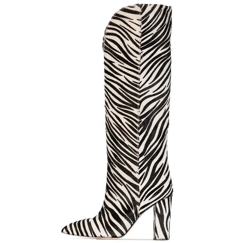 Winter Shoes 2019 Zebra Pony Hair Chunky Heel Women Knee High Boots