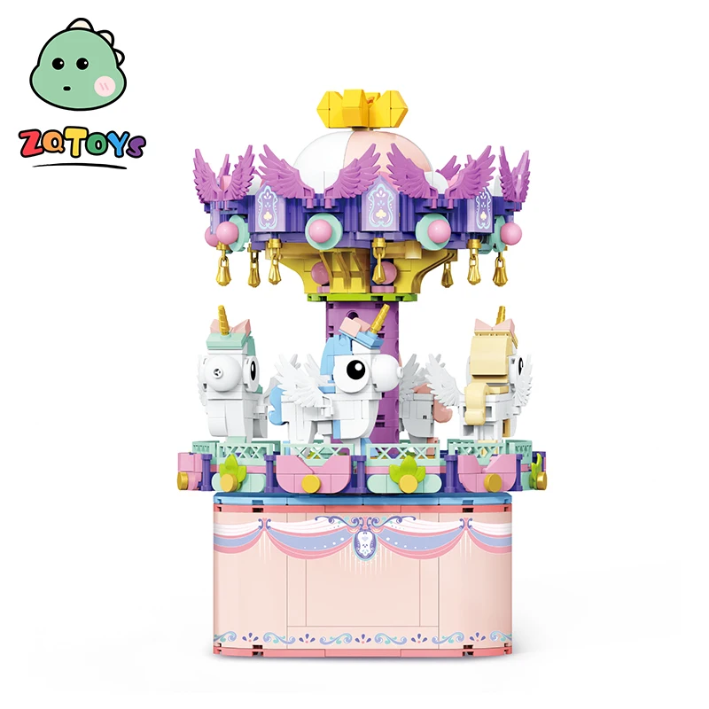 Zhiqu Toys Indoor Decor Micro Building Block Kits 874 PCS DIY Assembly Puzzle Carousel Rotating Music Box Plastic Paper Box ABS