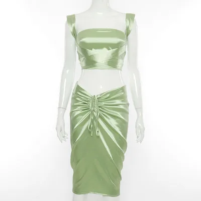 
Fashion solid color midi skirt back cross cropping dress short top 2-pecies sets 