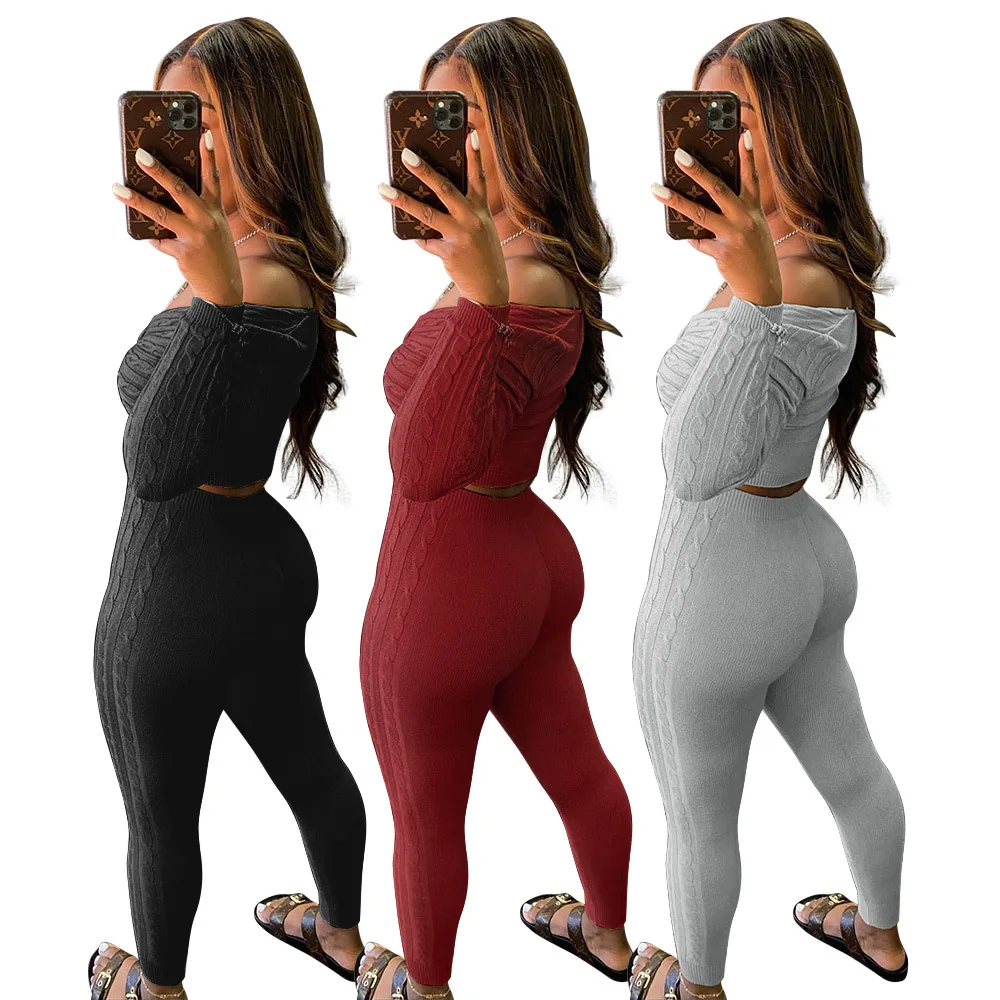 spring 2021 Women Girls Sweaters Knitted Sets Crop Tops Custom Joggers solid color 2 Piece Sets For Women sexy two piece set