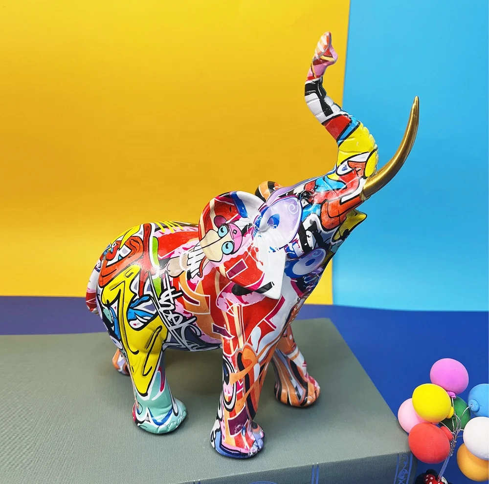 Home Source Nordic Painting Graffiti Elephant Sculpture Figurine Art Elephant Statue Creative Resin Crafts Home Decoration