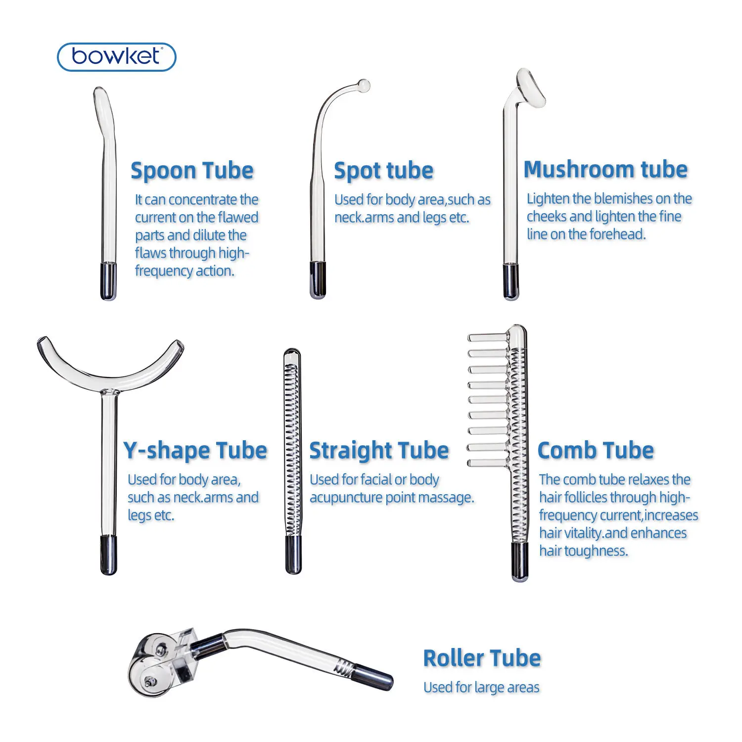Bowket High Frequency Facial Machine 7 Wands Tube Electrode Argon Gas Skin Tightening and Wrinkle Reducing Beauty Instrumentacne