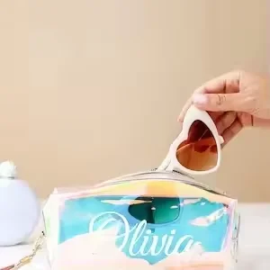 Custom logo travel laser PVC TPU iridescent cosmetic pouch zipper makeup Bag with Wrist Strap