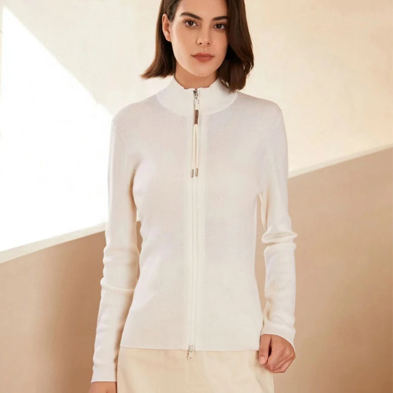 Women Cashmere Cardigan Winter Ladies Clothes Wholesale Zipper Slim Fit Knitted Wool Cardigan 100% Merino Wool Sweater