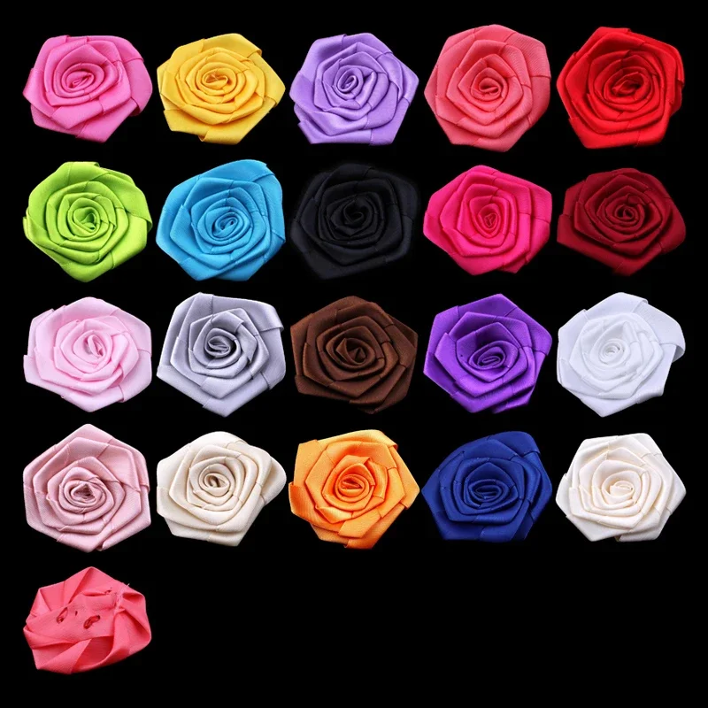 5pcs/Set 20colors Ruffled Satin Ribbon Rolled Rose Flower For Hair Accessories Artificial Fabric Flowers For Headbands