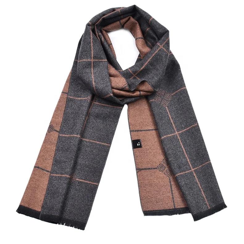 European High-end Winter Autumn Men Classic Plaid Scarf Thick Cashmere Wrap Neck Warmer Muffler Neckerchief Camel