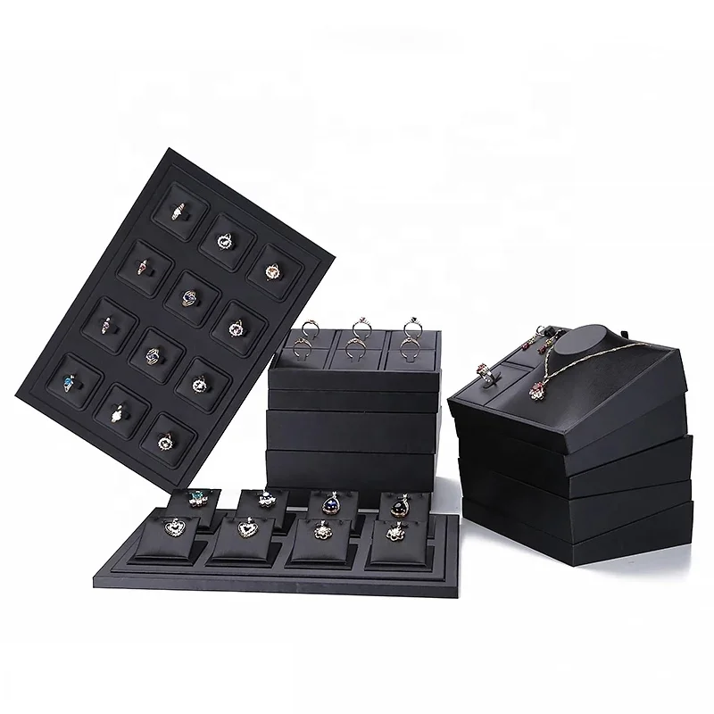 PU leather ring stackable counter show black tray case earrings jewellery stands jewelry display stand