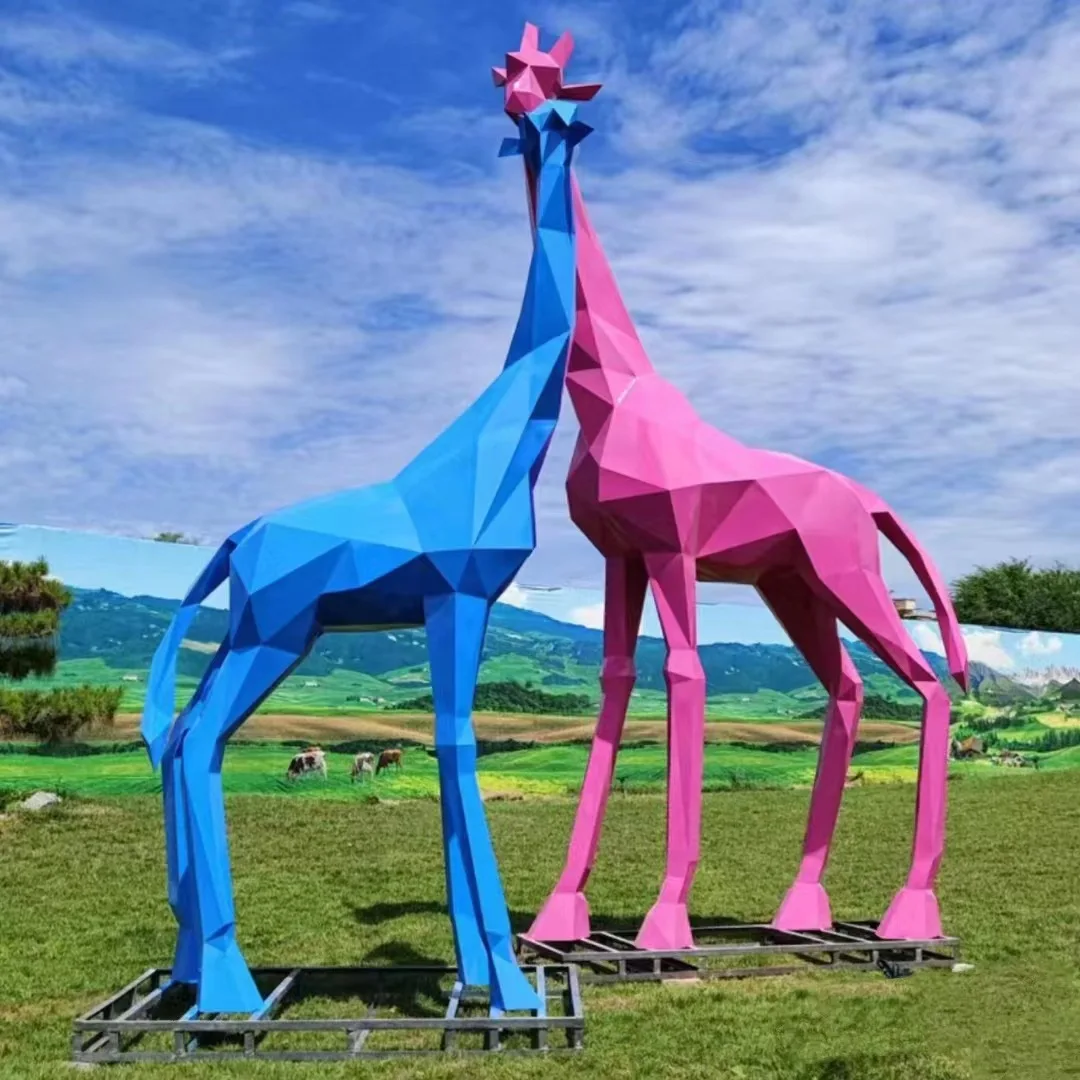 Colorful large metal giraffe sculptures garden stainless steel life size animal statue