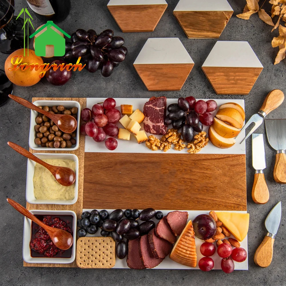 Custom Wooden And Marble Cheese Board Acacia Charcuterie Board With Cheese Knife Spork Set And Ceramic Bowl
