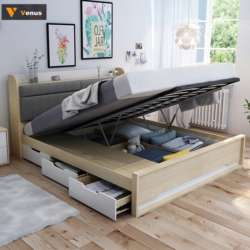 Luxury under bed frame storage modern wooden beds double king queen size up-holstered soft fabric bed set furniture