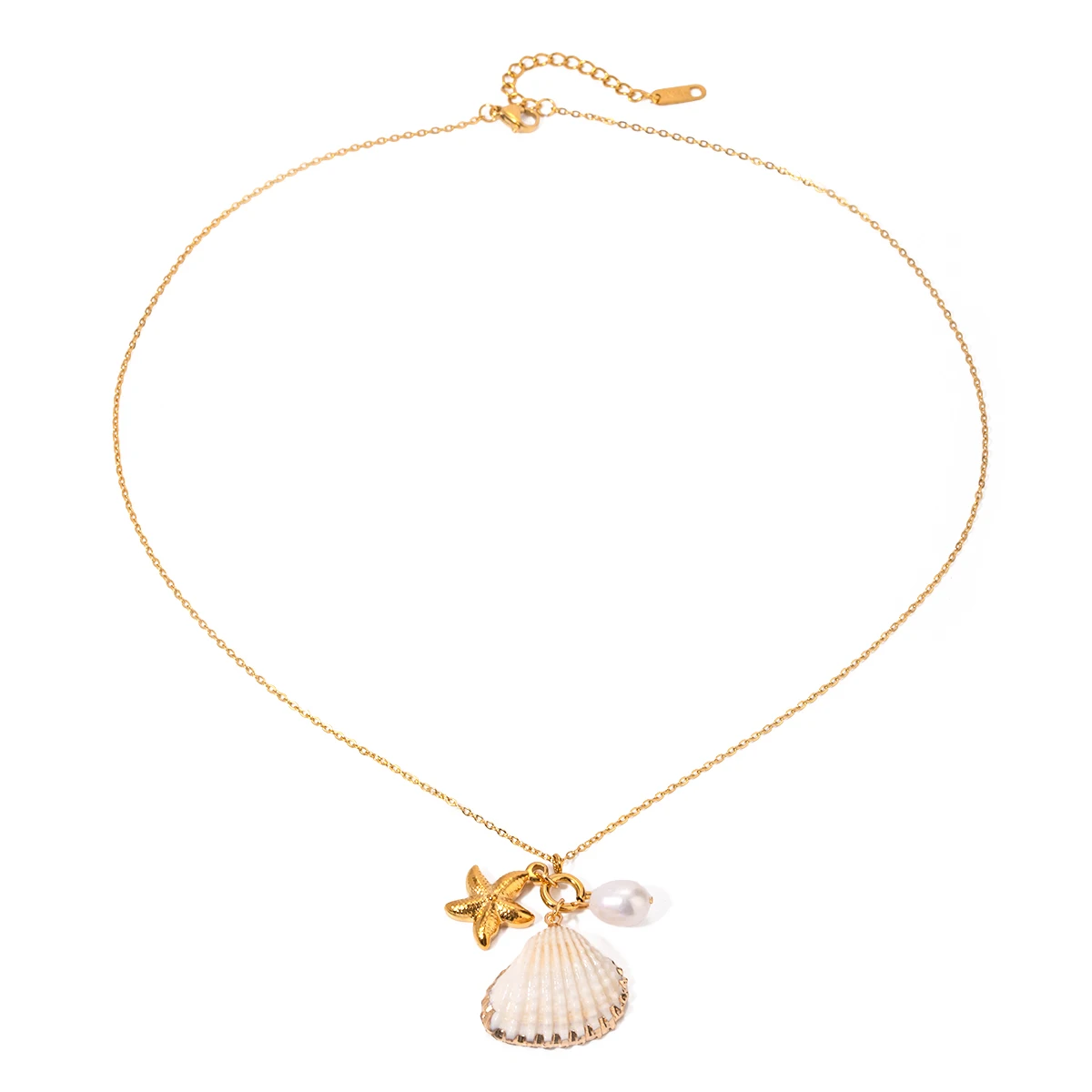 18K Gold Plated Stainless Steel Shell, Starfish, and Glass Pearl Pendant Necklace, 45+5cm