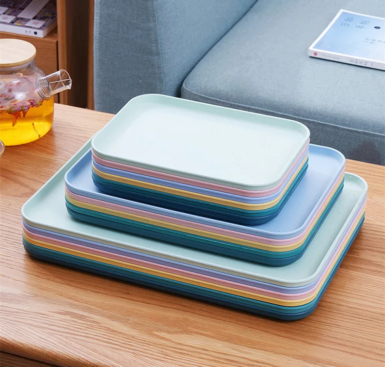 Eco-friendly Plastic Plate Reusable Rectangle Food Serving Tray Wheat Straw Dishes & Plates For Home Restaurant