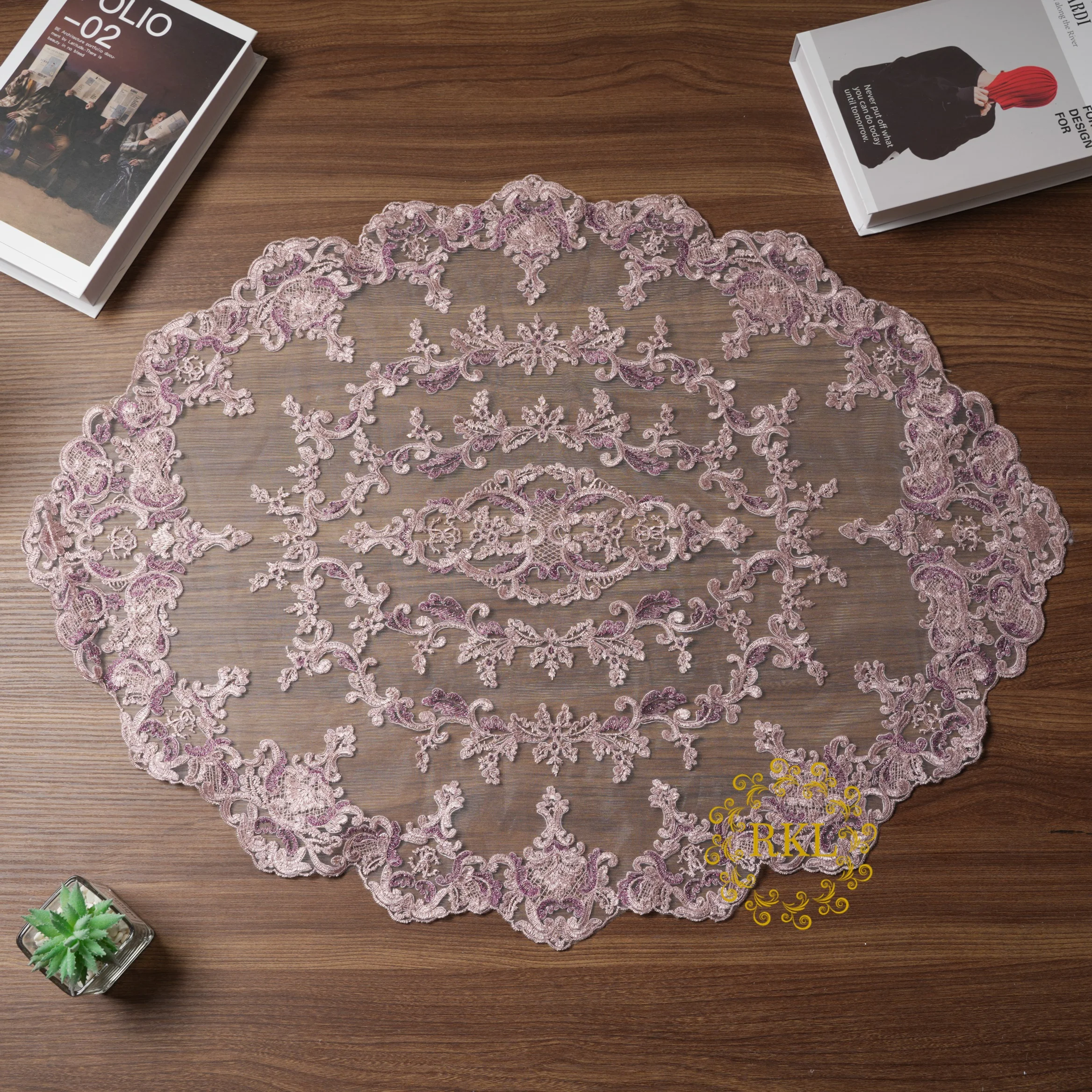 79*60CM Pink Champagne Sequins Edge Polyester Embroidery Lace Trim for Bridal Wedding Gown Costume Design Lace Ribbon