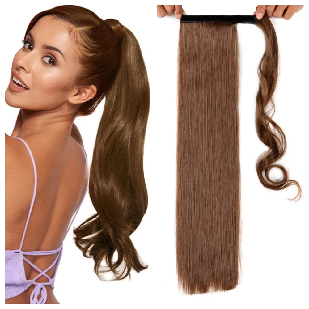 22 Inch Clip In Long Straight Ponytail Brown Ribbon Ponytail Tie Up Straight Hair Extension for Woman