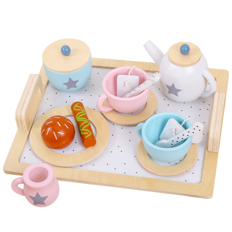 Wooden Tea Set Toys Pretend Play Game Toy Cute Kids Wooden Kitchen Accessories Birthday Christmas Gift Toddlers Tea Party Set