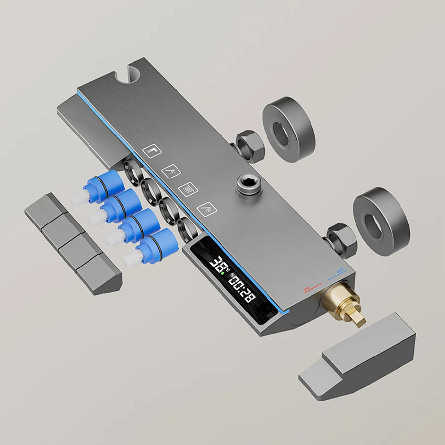 Kahnos Modern Black Brass Thermostatic Rain Faucet Smart Digital LED Piano Keys Bathroom Shower Set