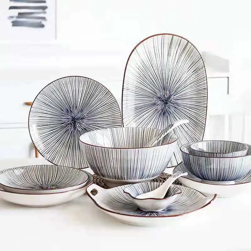 creative simple blue stripe glazed ceramic plate bowl dinnerware for food  rice noodle vegetable