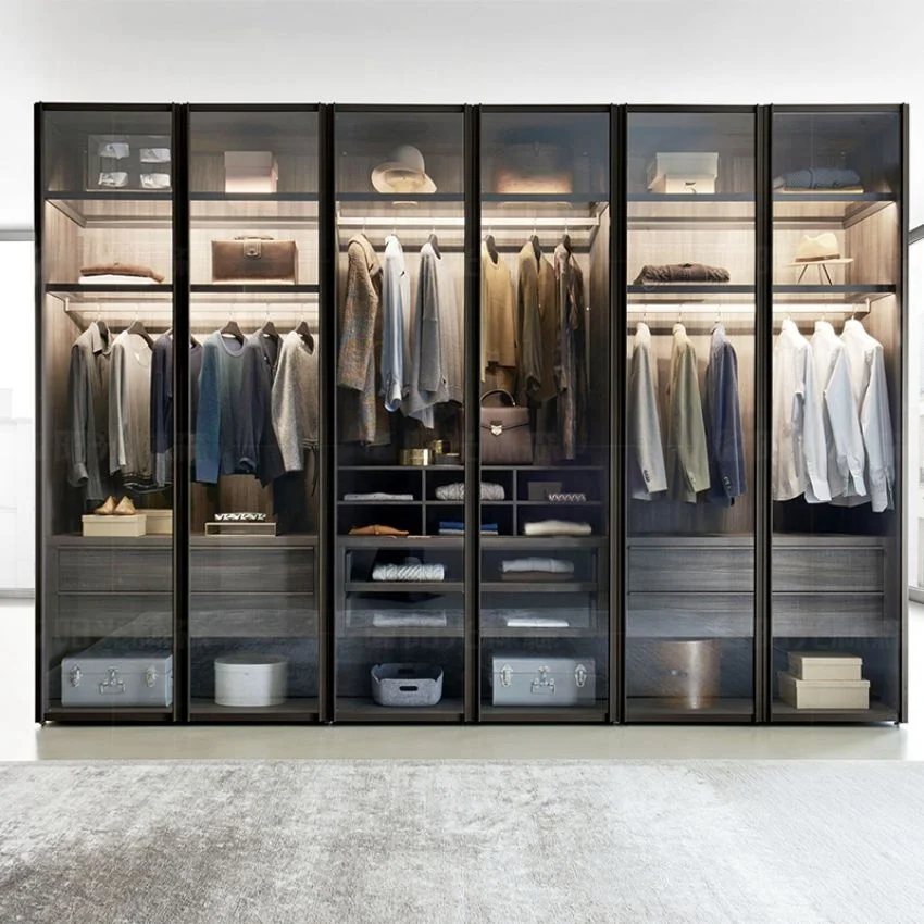 Customized Modern Tempered Glass Sliding Door Bedroom Closet Wardrobes with LED Lights
