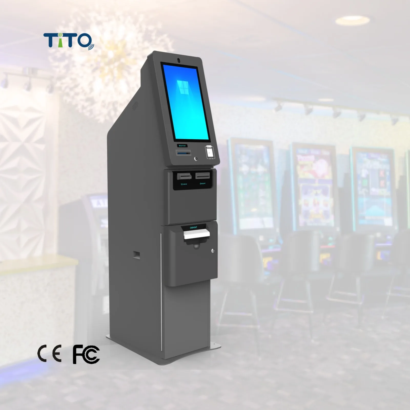 TICO system ATM kiosk with Puloon LCDM4000 cash dispenser light bar for big daddy games Fusion link series skill game cabinet