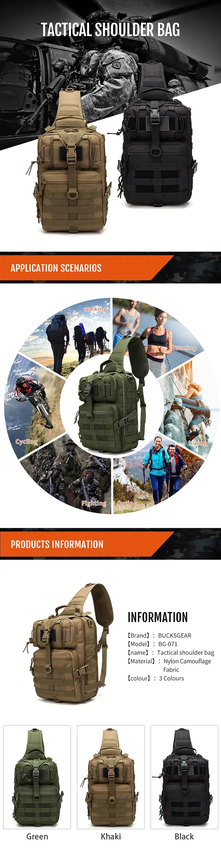 Фабрика Bucksgear под заказ Oem Водонепроницаемая Полиэстеровая сумка через плечо, тактическая нагрудная сумка для мужчин