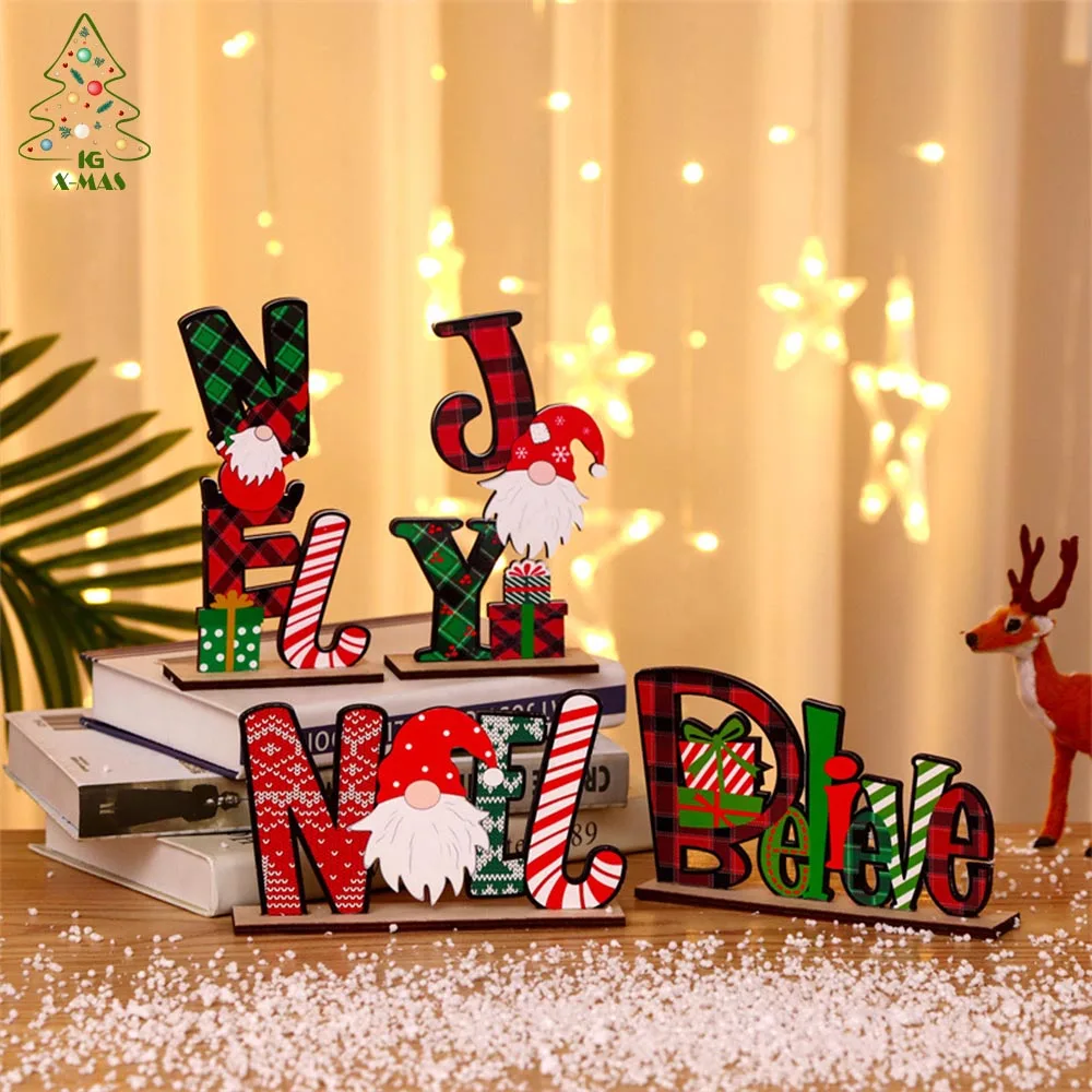 KG Xmas Decorations In Stock Noel Navidad Natale Wood Santa Christmas Decorations Colorful Wooden Merry Christmas Words Ornament