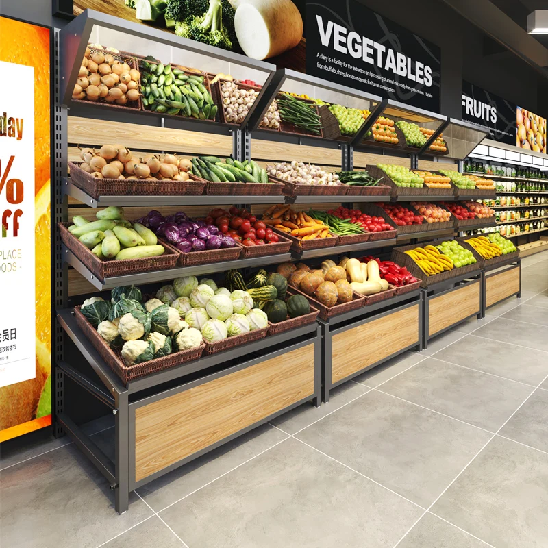 Wholesale Price Shelf Manufacture Metal Wooden Fruit and Vegetable Display Rack Stand for Fresh Store With Logo