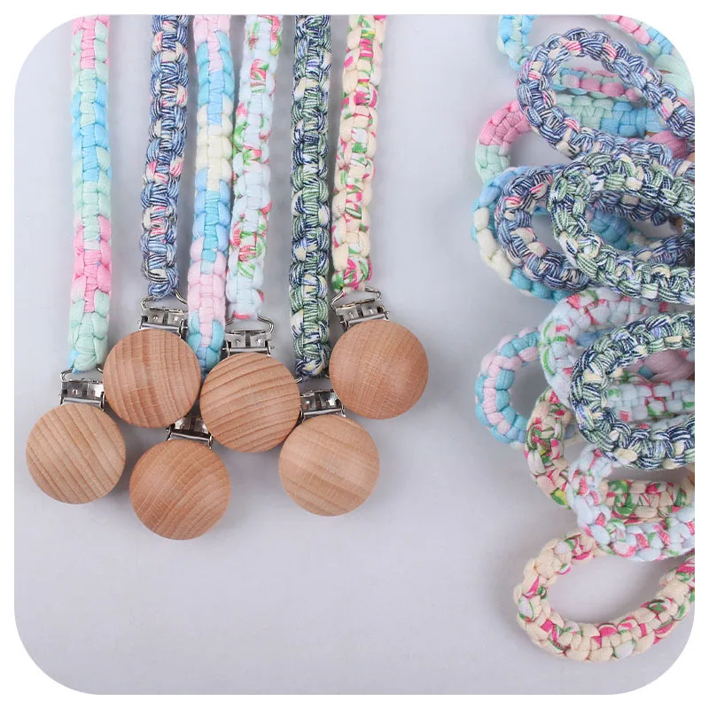 Handmade Macrame Braided Baby Pacifier Clip Wooden Dummy Chains Pacifier Holder For Boys and Girls