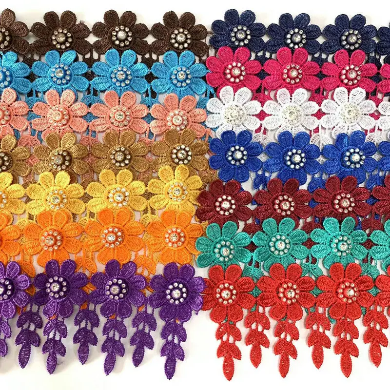 hot sale rhinestone decorative3D floral Polyester embroidery lace garment lace trimming
