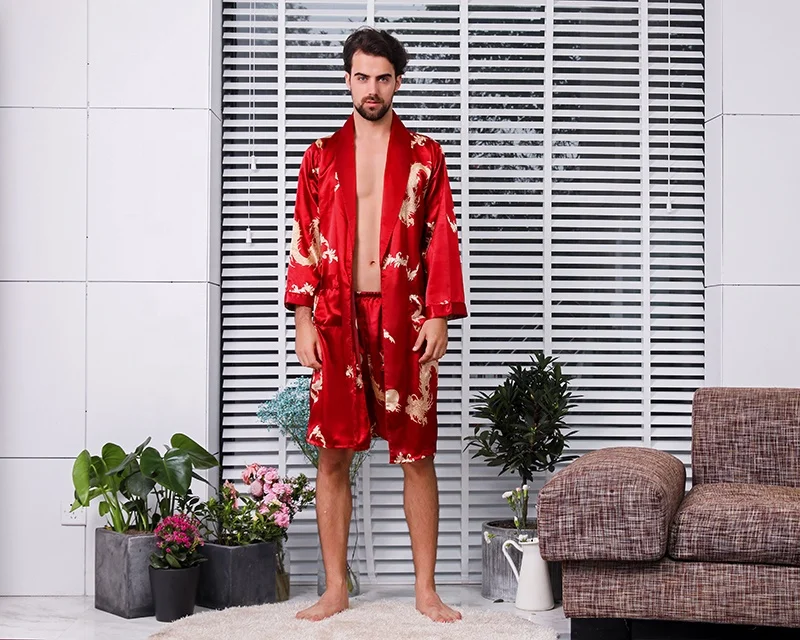 Two piece silk robe set Luxurious satin bathrobe long sleeve Chinese dragon design pajamas for men