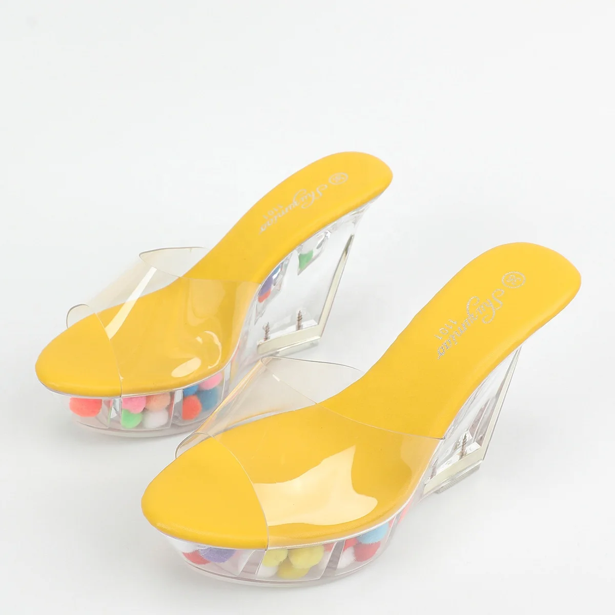 2023 Fashion Candy Colorful Transparent Chunk High Heel Platform Sandal Pumps Big Size Slip On Peep Toe Clear PVC Wedge Slippers