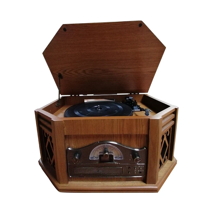 Belt-driven 3-Speed Wooden All-in-one CD/USB/Cassette/BT LP Turntable Vinyl Record Radio Player