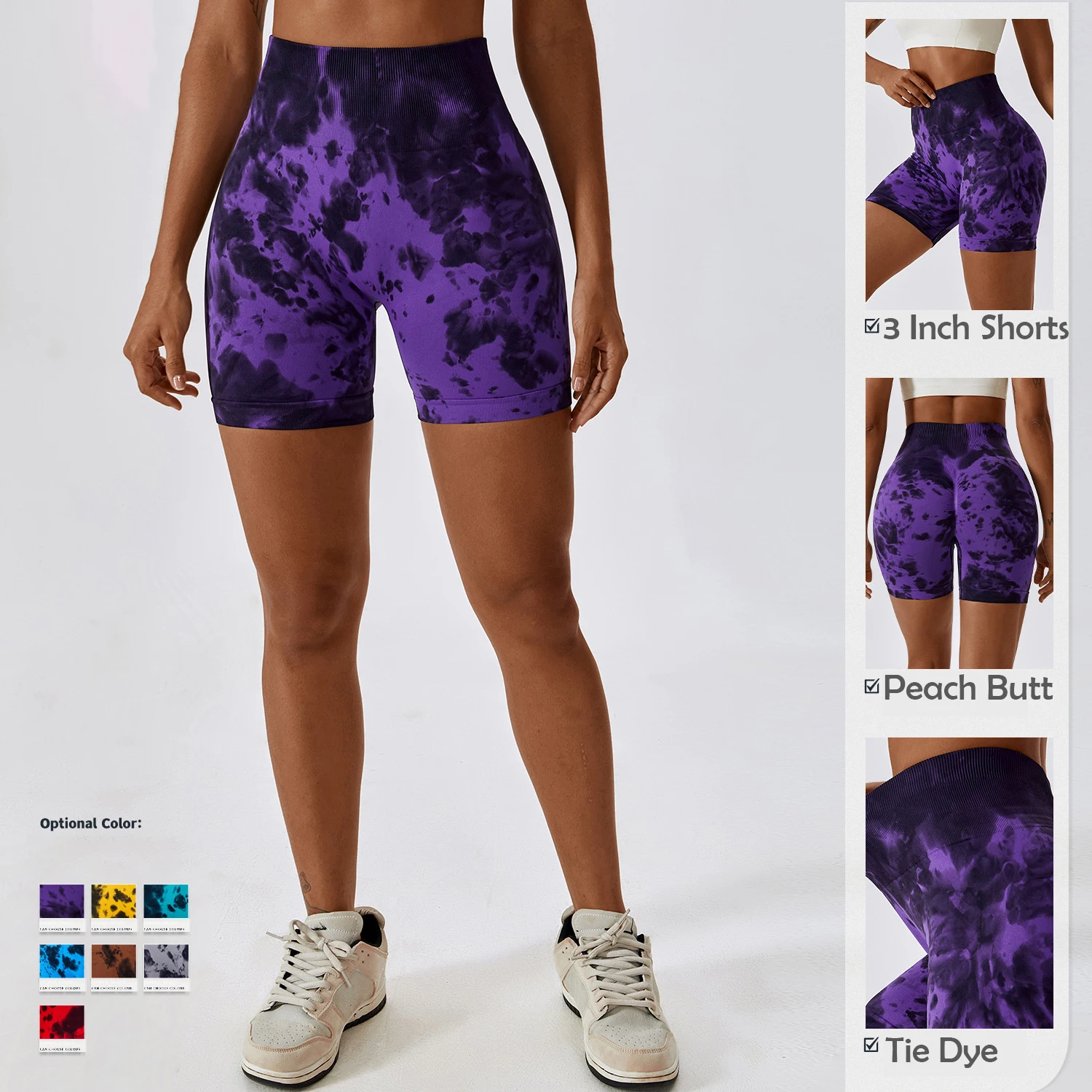 Custom Logo Women Seamless Knit Tie Dye Peach Butt Yoga Shorts Training Running Gym Workout 3 Inch Shorts For Ladies