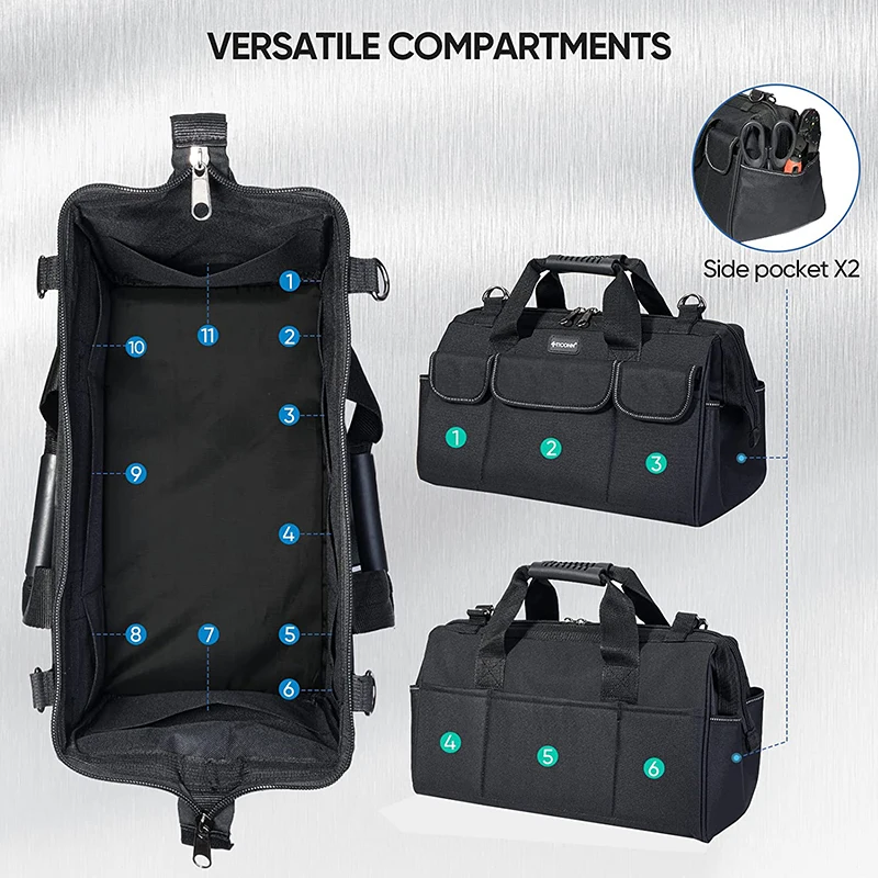 Custom Logo Heavy Duty Waterproof Oxford Fabric Multi-Pockets Wide Mouth Large Electrician Tool Bag with Shoulder Strap